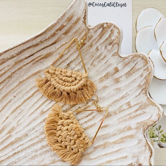 Boho Macrame Tassel Drop Hoop Earrings NWT - Picture 3 of 4